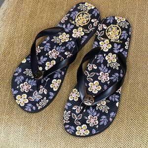 Tory Burch Black Floral Gold Logo Thong Flip Flops - Size 8